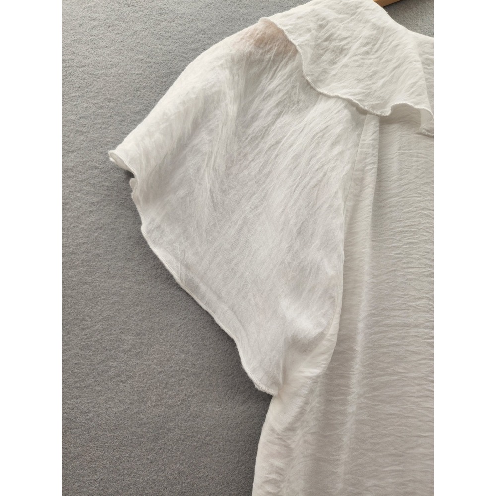 Zara White Ruffle Peplum Blouse Womens Medium Textured V-Neck Flutter Sleeve Top - Picture 8 of 10